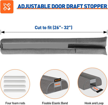 MAGZO Under Door Draft Stopper, 36 Inch Adjustable Door Gap Filler, Gray | Dual-Sided Soundproof Door Sweep for Blocking Noise Cold Air, Smoke, Dust & Light – Easy Install, Energy Saving, Washable