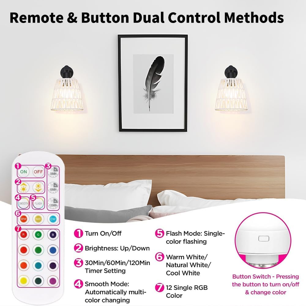 Boho Battery Operated Wall Sconces, Rattan Wall Sconce Set of 2 with Remote, RGB 15 Colors Dimmable Rechargeable Wall Light, Black Indoor Wireless Wall Lamp, Farmhouse Rattan Wall Lighting for Bedroom
