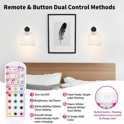 Boho Battery Operated Wall Sconces, Rattan Wall Sconce Set of 2 with Remote, RGB 15 Colors Dimmable Rechargeable Wall Light, Black Indoor Wireless Wall Lamp, Farmhouse Rattan Wall Lighting for Bedroom