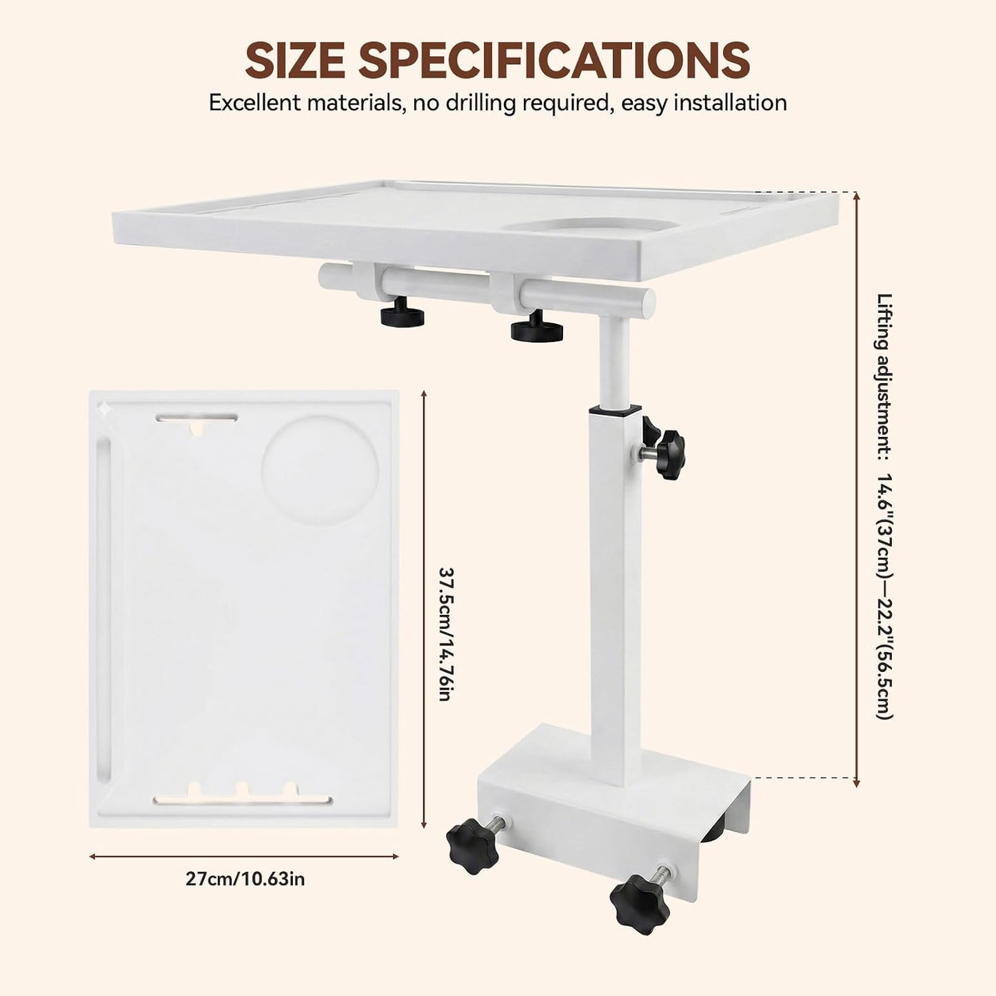 Bedside Shelf Rotating Foldable Tray:Height-Adjustable Clip On Bed Side Tray Table, Tray Table with Sturdy Metal Pole,Fits Bed Frames 0.7"-2.7" Wide for Dorms, Apartments, Bedrooms,Dorm Essentials
