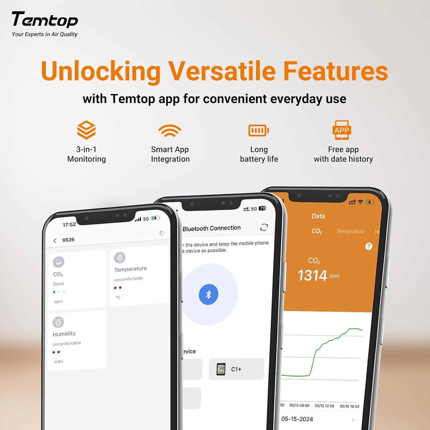 Temtop T1 Bluetooth Indoor Thermometer Hygrometer for Room Temperature | Humidity Notification Alerts, Data Export, Digital Gauge for Home, Office, Greenhouse, Garage, Nursery, Gift