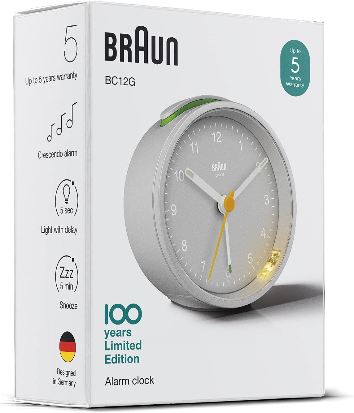 Braun Classic Analogue Alarm Clock with Snooze and Light, Quiet Quartz Movement, Crescendo Beep Alarm in White, Model BC12W.