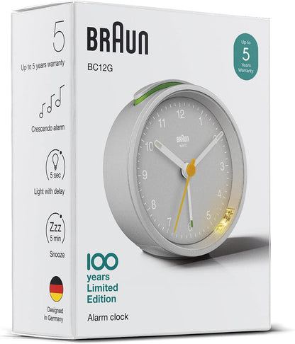 Braun Classic Analogue Alarm Clock with Snooze and Light, Quiet Quartz Movement, Crescendo Beep Alarm in White, Model BC12W.