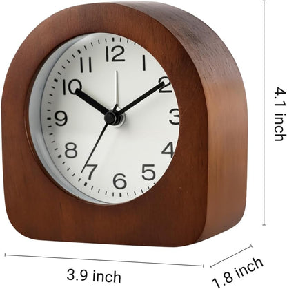 Vintage Solid Wood Analog Alarm Clock, Battery-Operated Alarm Clocks with Non-Disruptive Night Light, Non-Ticking Alarm Clock with Snooze Button and Soft Alarm Tone. (Dark Brown)