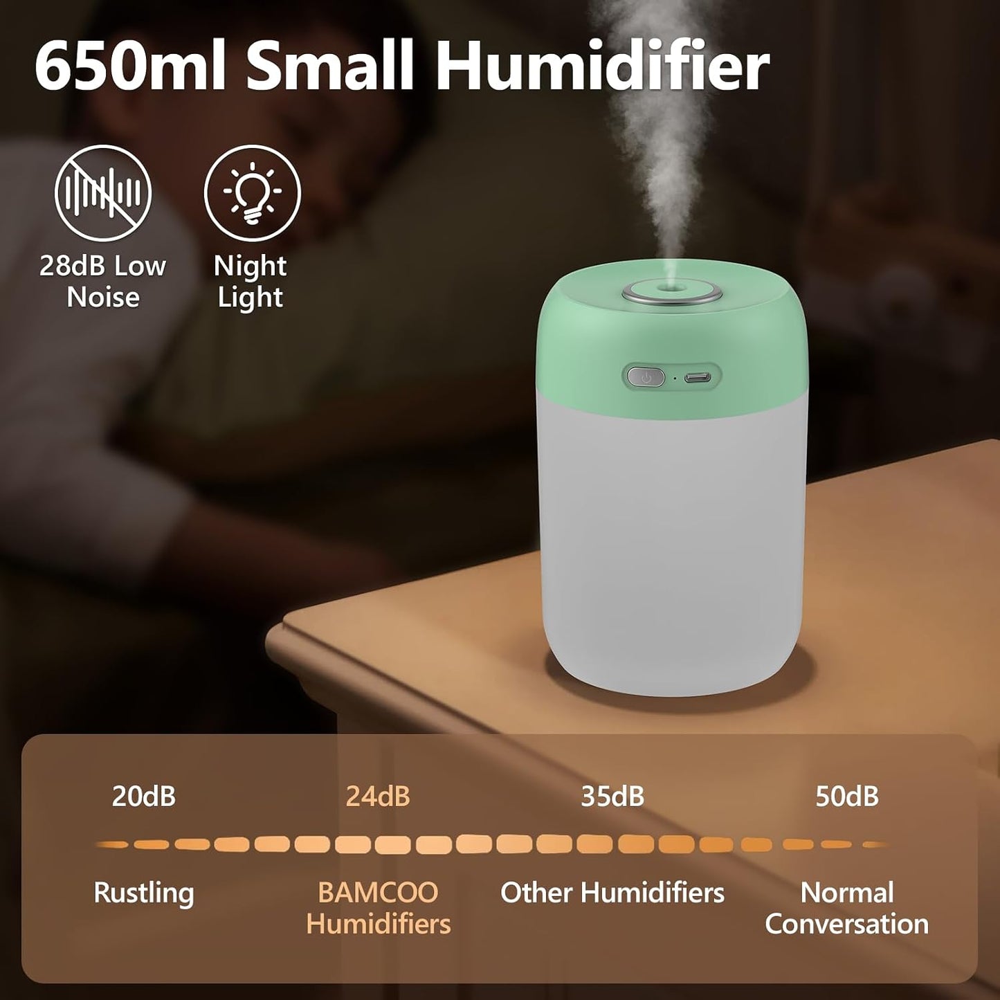 Portable Small Humidifier, 650ml Plant Humidifier, Blue | 7 Colors&Warm Light, Mini Humidifiers for Plants, Bedroom, Office, Dsektop