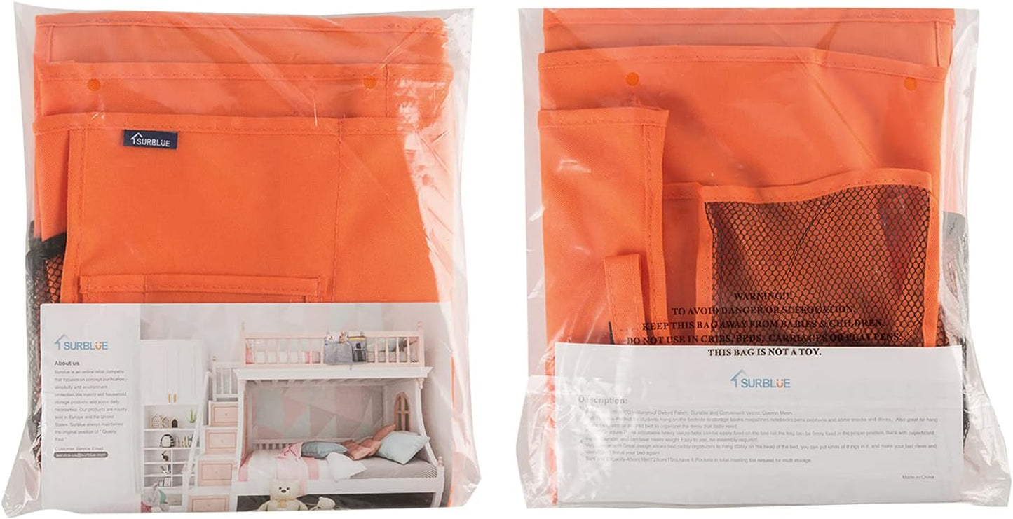 Surblue Bedside Caddy Hanging Organizer Storage Bag Pocket for Bunk, Hospital, College Dorm Rooms, Baby Bed Rails, Camp - 4 Pockets, 2 Hooks (Blue)