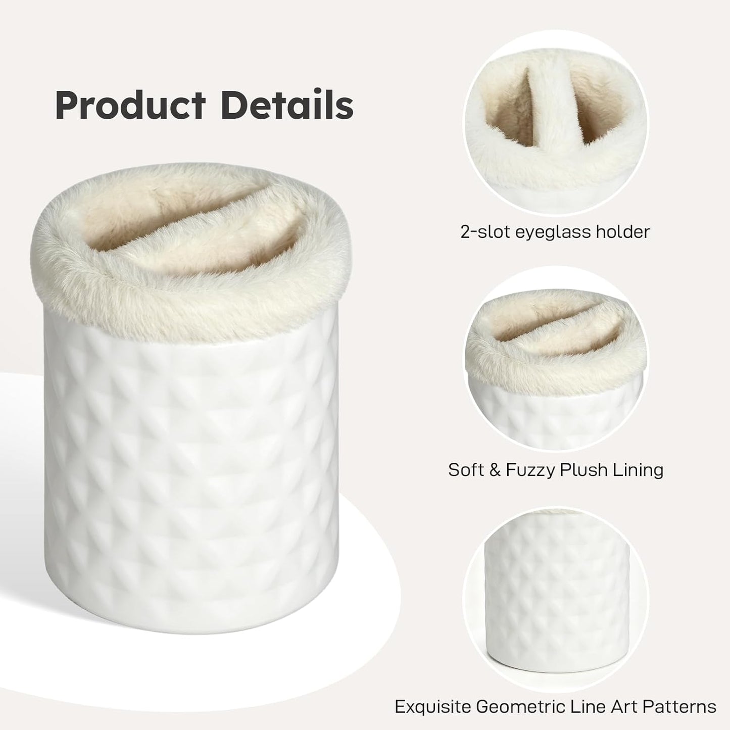 Double Glasses Holder, Silicone Plush Lined Eyeglass Holder Stand | 2 Compartments Anti-scratch Eye-glasses Case Storage Organizer for Nightstand, Desk, Table, Office, White
