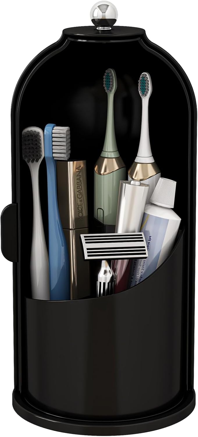 Toothbrush and Toothpaste Holders with Cover, Grey White | Waterproof and Dustproof, 360° Rotating Base, Smooth Sliding Door, 3 Slots, for Bathroom Countertop