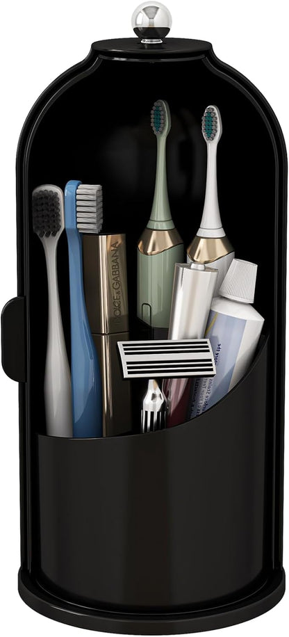 Toothbrush and Toothpaste Holders with Cover, Grey White | Waterproof and Dustproof, 360° Rotating Base, Smooth Sliding Door, 3 Slots, for Bathroom Countertop