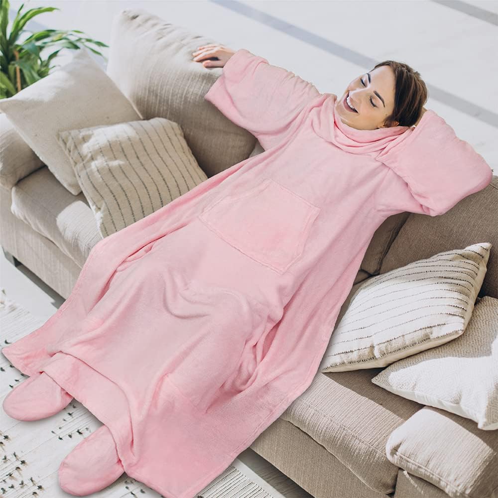 PAVILIA Fleece Blanket with Sleeves and Foot Pockets Women Men, Dark Purple