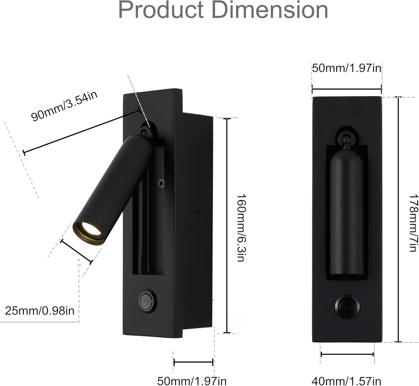 LED Bedroom Lamp Headboard Wall Light Sconce, Bedside Reading Light Recessed Push Switch Wall Lamps, Hotel Bed Side Decorative Wall Sconces Spotlight, 360° Rotatable 92° Foldable (Brass+Black)