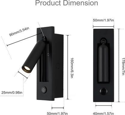 LED Bedroom Lamp Headboard Wall Light Sconce, Bedside Reading Light Recessed Push Switch Wall Lamps, Hotel Bed Side Decorative Wall Sconces Spotlight, 360° Rotatable 92° Foldable (Brass+Black)