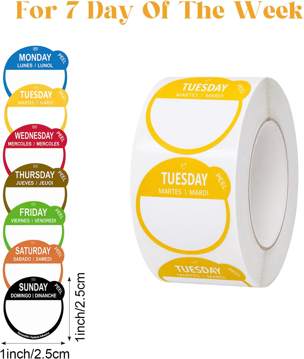 3500Pcs Day Dot Stickers Food Labels of Week 1Inch 7 Rolls | Removable No Residue Adhesive, 7 Color Coded, Smudge Resistant Writable Surface, Fridge/Freezer Safe, Kitchen Restaurant Meal