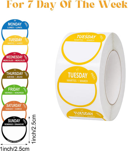 3500Pcs Day Dot Stickers Food Labels of Week 1Inch 7 Rolls | Removable No Residue Adhesive, 7 Color Coded, Smudge Resistant Writable Surface, Fridge/Freezer Safe, Kitchen Restaurant Meal