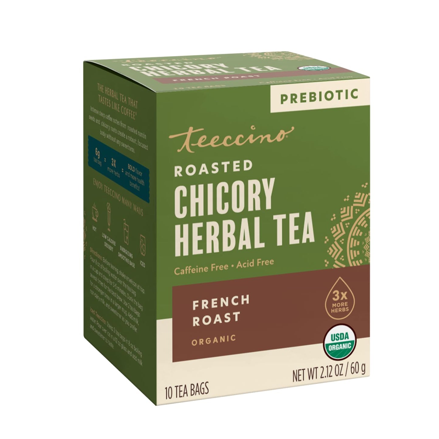 Teeccino Herbal Tea Sampler Assortment - 12 Tea Bags - Maca Chocolaté, French Roast, Hazelnut, Vanilla Nut - Roasted Caffeine Free Herbal Tea, Prebiotic for Natural Energy