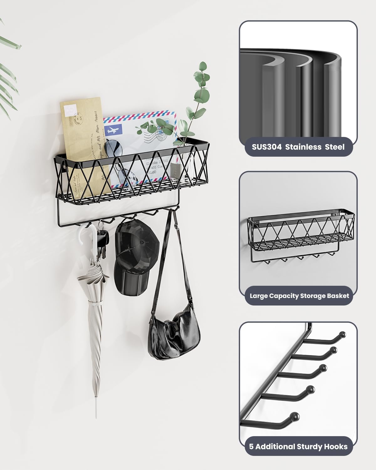 Key Holder for Wall - Key Rack with 5 Key Hooks, 11.02" L×2.75" W×4.92" H, Key and Mail Organizer Wall Mount with Mesh Basket, Key Hanger for Wall, Entryway, Home Decor(Matte Black)