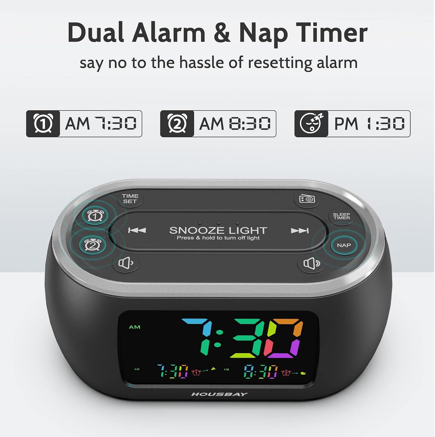 HOUSBAY Digital Alarm Clock Radio for Bedrooms with Night Light | Phone-Free Wake-Up with Dual Alarm, FM Radio for Favorite Stations, Small Radio Clock for Bedside, Battery Backup