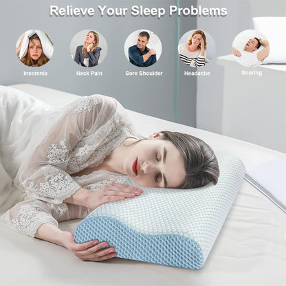 Anvo Memory Foam Pillow, Neck Contour Cervical Orthopedic Bed Pillow for Sleeping Side Back Stomach Sleeper, Ergonomic Design for Neck and Shoulder Pain Relief, Blue White, Firm
