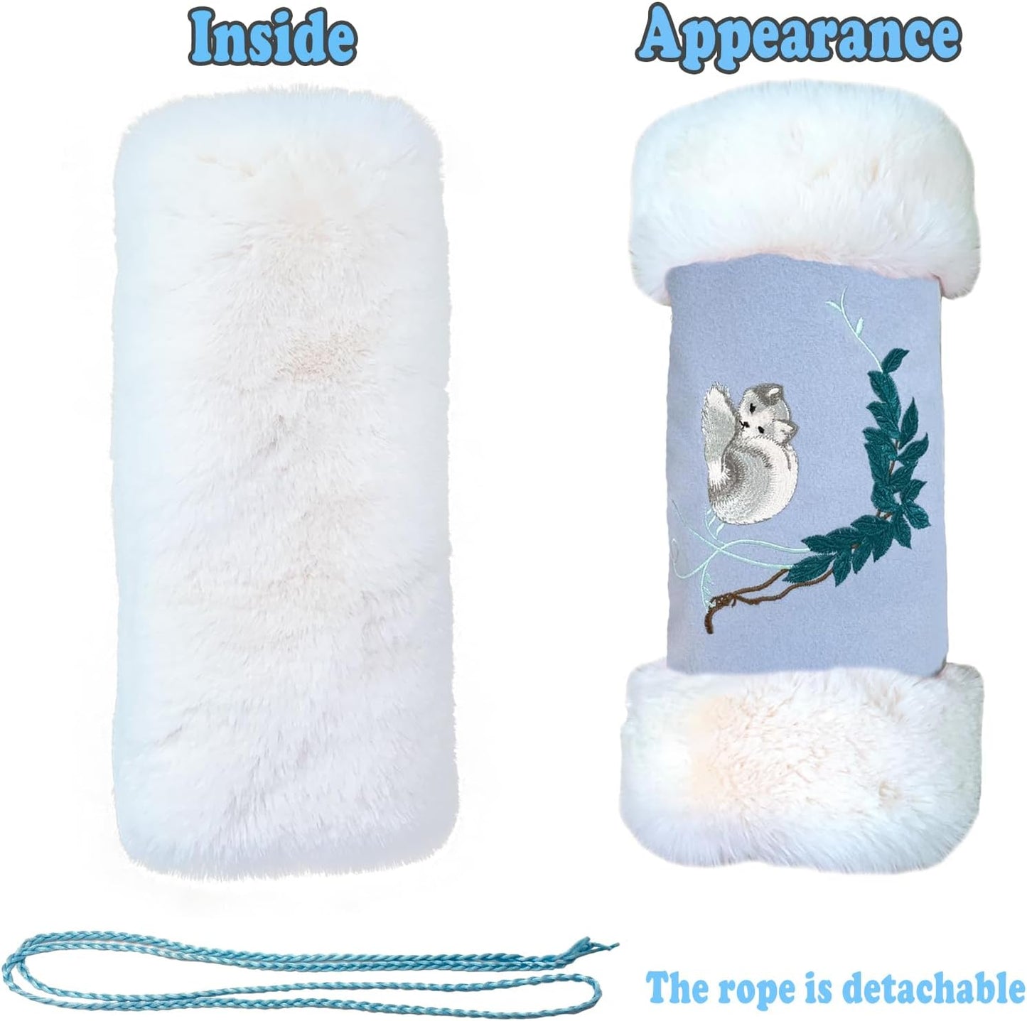 Faux Fur Hand Muffs, Portable Hand Warmer Pouch with Zipped Pocket Strap for Cold Weather, Cute Blue Embroidery Pattern Hand Muffler for Women Girls