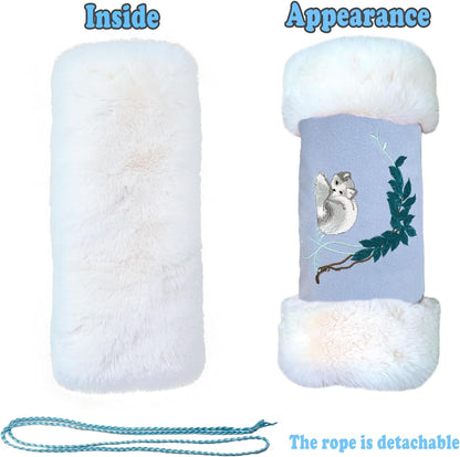 Faux Fur Hand Muffs, Portable Hand Warmer Pouch with Zipped Pocket Strap for Cold Weather, Cute Blue Embroidery Pattern Hand Muffler for Women Girls