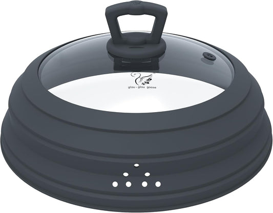 Microwave Splatter Cover Vented Glass Splatter Guard Lid with Collapsible Silicone for Food as Pot Cover Plate 10.8 inch for 6 7 8 9 10 inch Plate Bowl