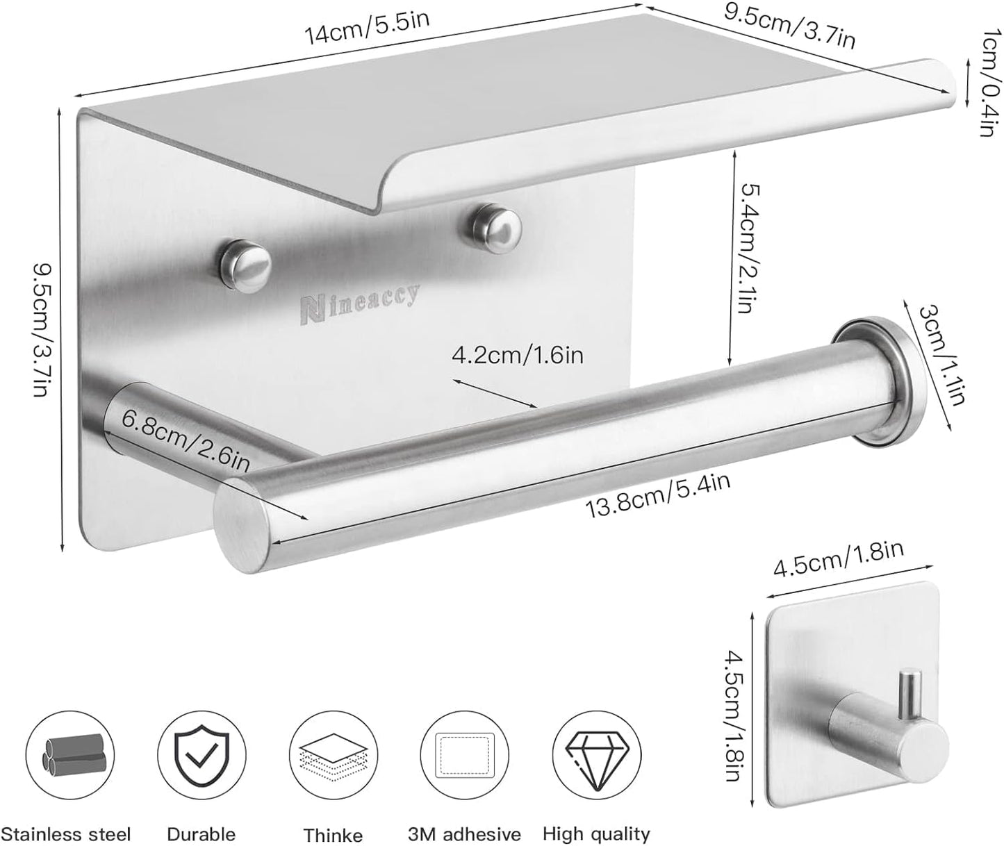 WDFAACK Chrome Toilet Paper Holder with Shelf for Extra Storage, 2-in-1 Wall Mounted Bathroom Tissue Stand for Cell Phone and Small Items