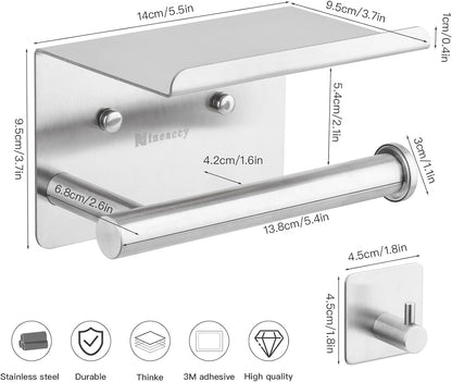 WDFAACK Chrome Toilet Paper Holder with Shelf for Extra Storage, 2-in-1 Wall Mounted Bathroom Tissue Stand for Cell Phone and Small Items