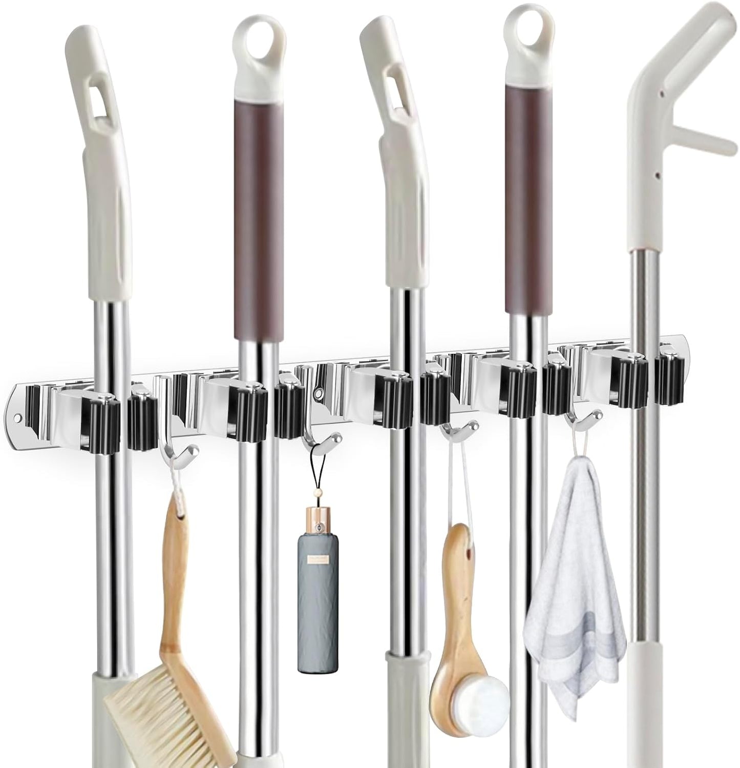 IMILLET 2 Pack Broom Holder Wall Mount Stainless Steel Mop Organizer | 5 Racks 4 Hooks Heavy Duty Garage Organization Storage,Broom and Mop Organizer Wall Hanging Self Adhesive for Laundry Room
