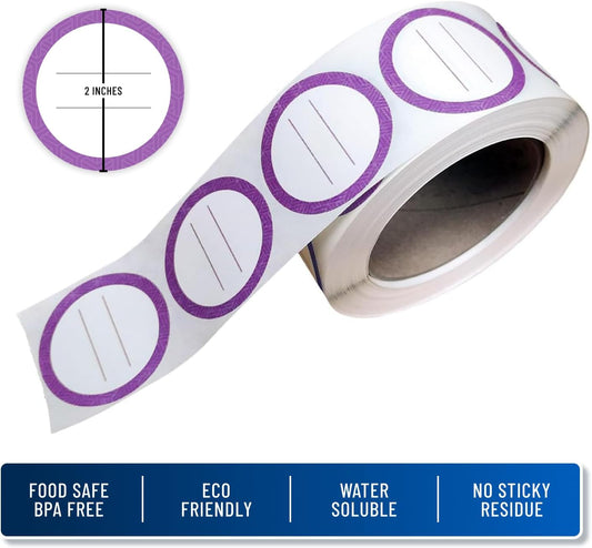 Water Soluble Labels for Food Containers – Dissolvable Kitchen Labels – No Sticky Residue – 2" Diameter, Two-Line Writable Surface, 200 Labels Per Roll (Purple)