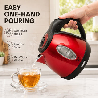 Moss & Stone Red Stainless Steel Electric Kettle, 1.2L Cordless 1500W | Small, portable hot water tea kettle, fast boiling pot, boil-dry protection, auto shut-off, blue Illuminate LED light