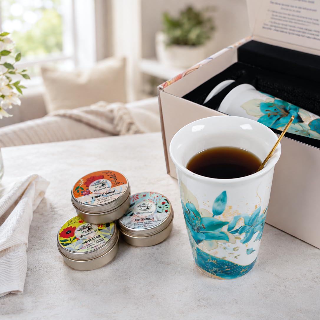Harmoleaf Tea Gift Set for Women, 6 Loose Leaf Tea Blends with Blue Lily Insulated Ceramic Cup, Stainless Steel Infuser, Lid and Gold Spoon, Birthday, Mother's Day, Anniversary, Retirement Gift for Her