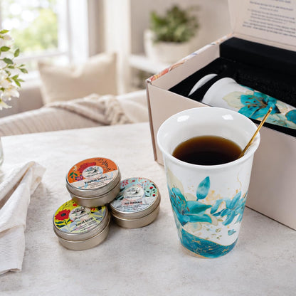 Harmoleaf Tea Gift Set for Women, 6 Loose Leaf Tea Blends with Blue Lily Insulated Ceramic Cup, Stainless Steel Infuser, Lid and Gold Spoon, Birthday, Mother's Day, Anniversary, Retirement Gift for Her