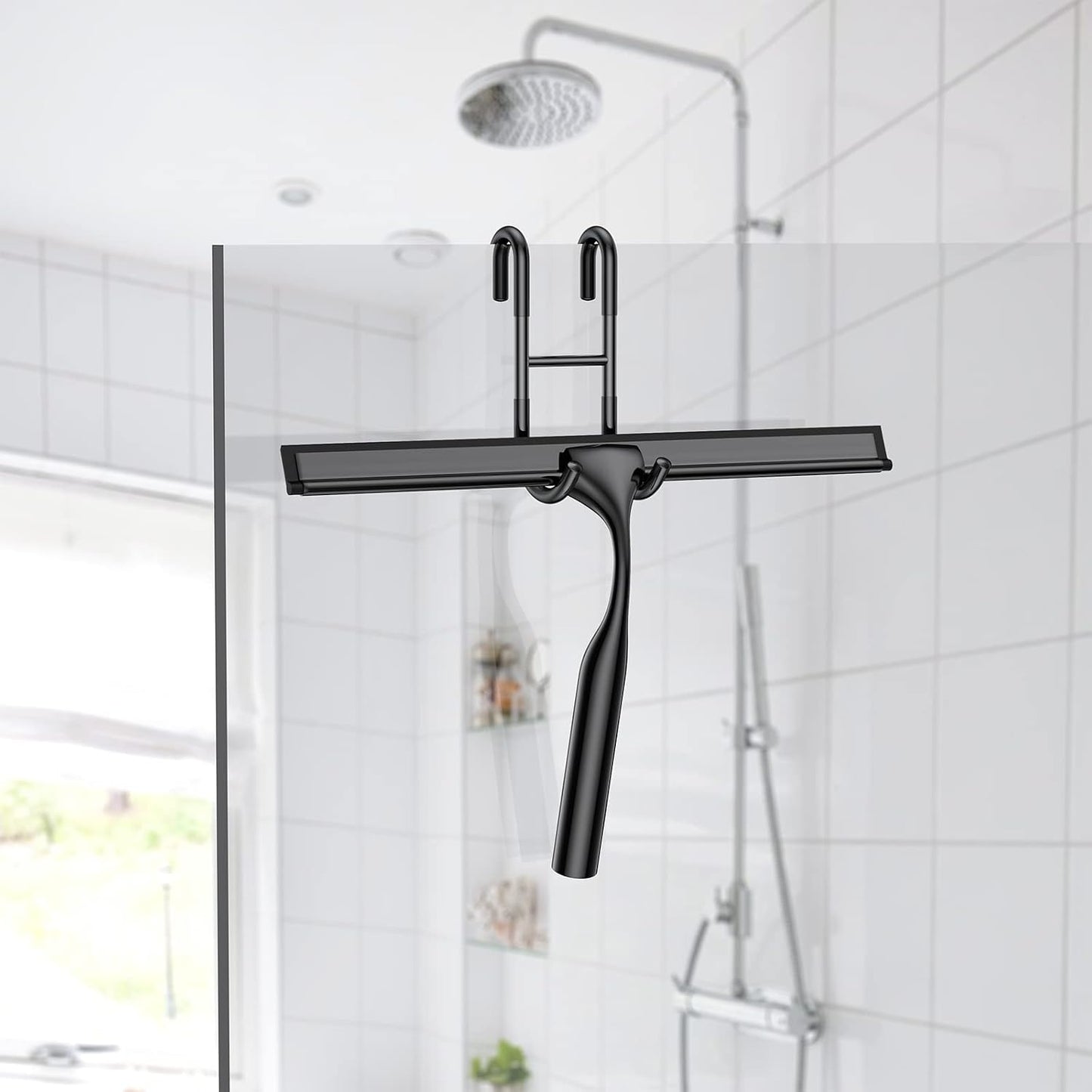 Black Shower Squeegee for Glass Door 12-Inch Bathroom Squeegee Window Wiper, with Shower Door Hook, Adhesive Hook, Spare Silicone Blade for Window Mirror Car All-Purpose Squeegee