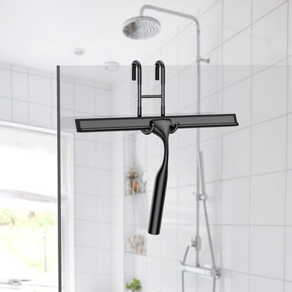 Black Shower Squeegee for Glass Door 12-Inch Bathroom Squeegee Window Wiper, with Shower Door Hook, Adhesive Hook, Spare Silicone Blade for Window Mirror Car All-Purpose Squeegee