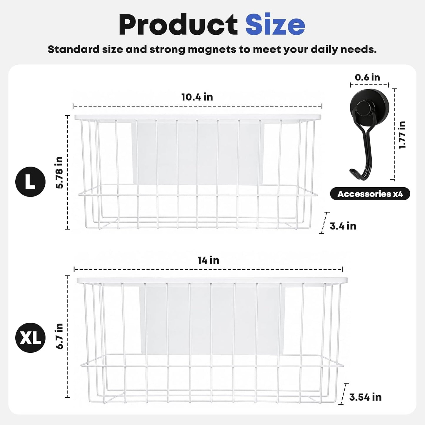 Magnetic Holder for Wool Dryer Balls & Lint Bin (2-Pack, Black) – Extra Long 14.2" & 10.4" Metal Laundry Trash Can – Washer Side Organizer with 4 Magnetic Hooks (Balls Not Included)