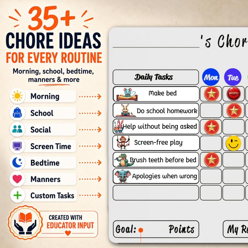 Mimi Doodle Magnetic Chore Chart for Kids – 16x12 Dry Erase Daily Responsibility Board for Fridge with 39 Chore tabs, 100 Reward Stickers – Behavior Chart for Kids at Home – Simple Theme