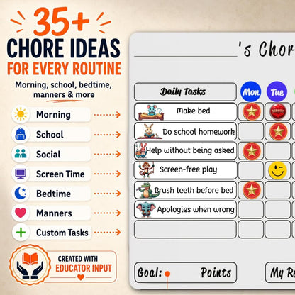 Mimi Doodle Magnetic Chore Chart for Kids – 16x12 Dry Erase Daily Responsibility Board for Fridge with 39 Chore tabs, 100 Reward Stickers – Behavior Chart for Kids at Home – Simple Theme
