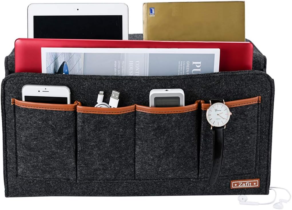 Zafit Bedside Caddy, Large Size Bedside Storage Organizer Bedside Organizer Caddy for Magazine Remotes Phone (13.4'' x 18.1'' Plus Size, Dark Grey)