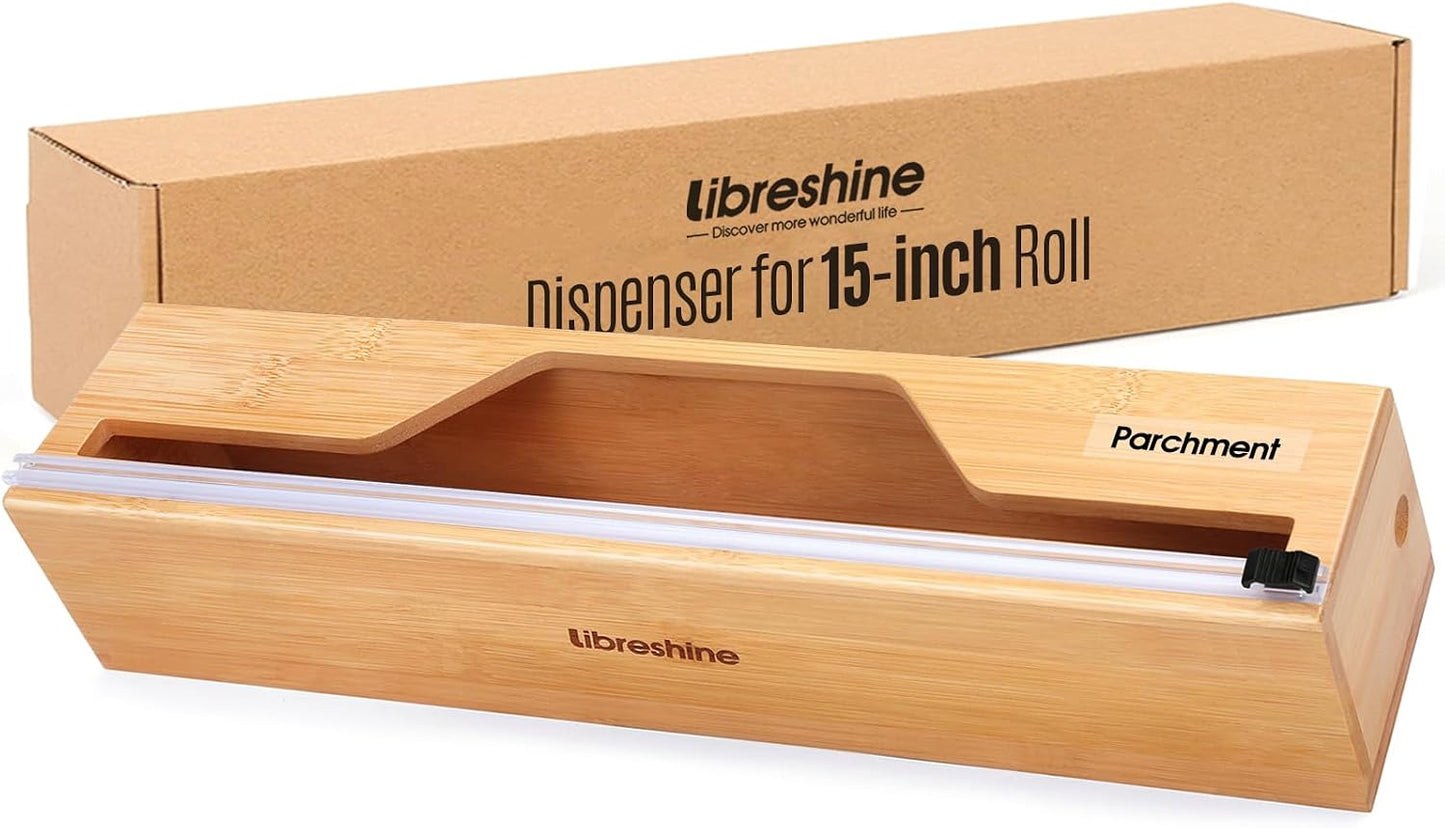 18-Inch Foil Dispenser with Slide Cutter & Butcher Paper Holder | Compact bamboo organizer for countertop, drawer, cabinet or wall mounting, made for many common 18-inch foil and paper rolls
