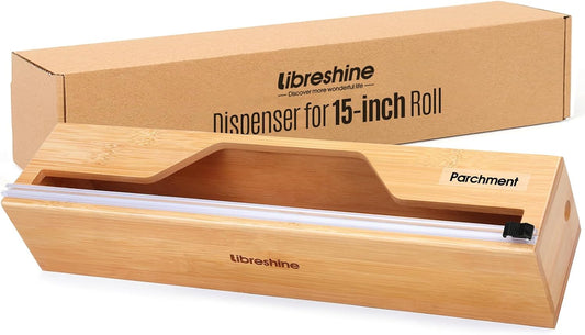 18-Inch Foil Dispenser with Slide Cutter & Butcher Paper Holder | Compact bamboo organizer for countertop, drawer, cabinet or wall mounting, made for many common 18-inch foil and paper rolls
