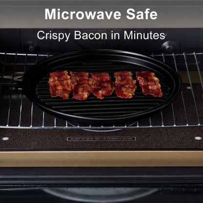 ONEMORE Microwave Bacon Cooker, Ceramic Bacon Tray with Splatter Cover | Meat Rack for Oven Cooking Crispy Bacon Maker with Collapsible Lid - 13 inch Round Bacon Dish Plate, Dishwasher Safe, White