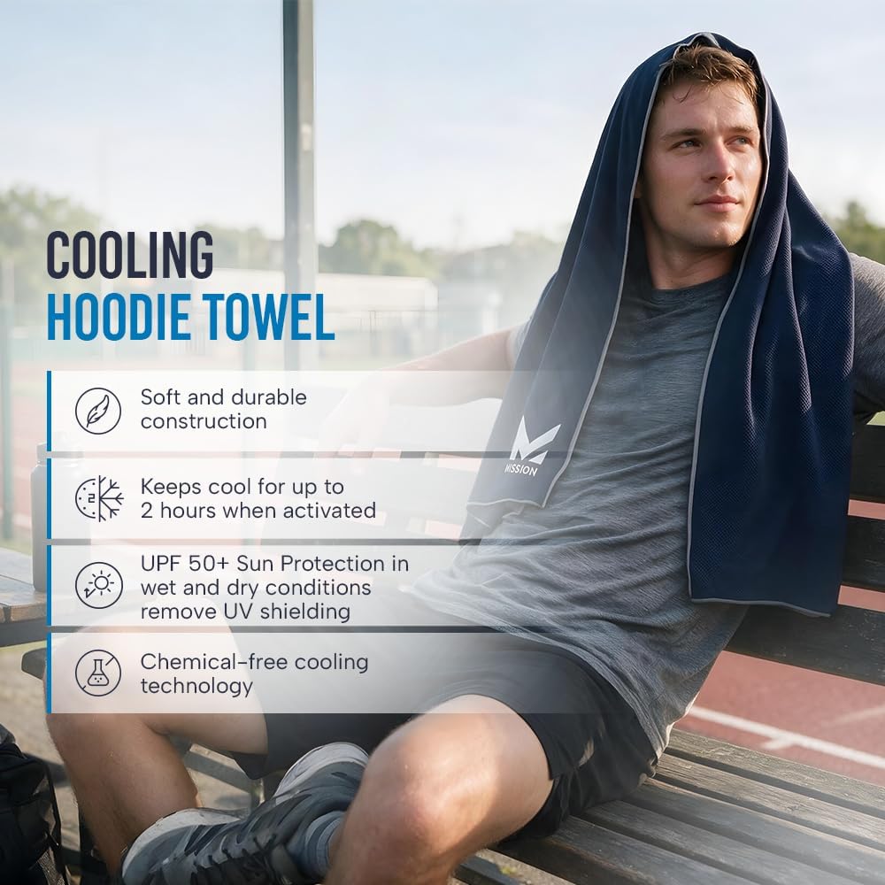MISSION Cooling Hoodie Towel, Evaporative Cool Technology, Cools Instantly When Wet, UPF 50 Sun Protection, Contours Your Head to Stay in Place, Great for Sports, Fitness, Gym
