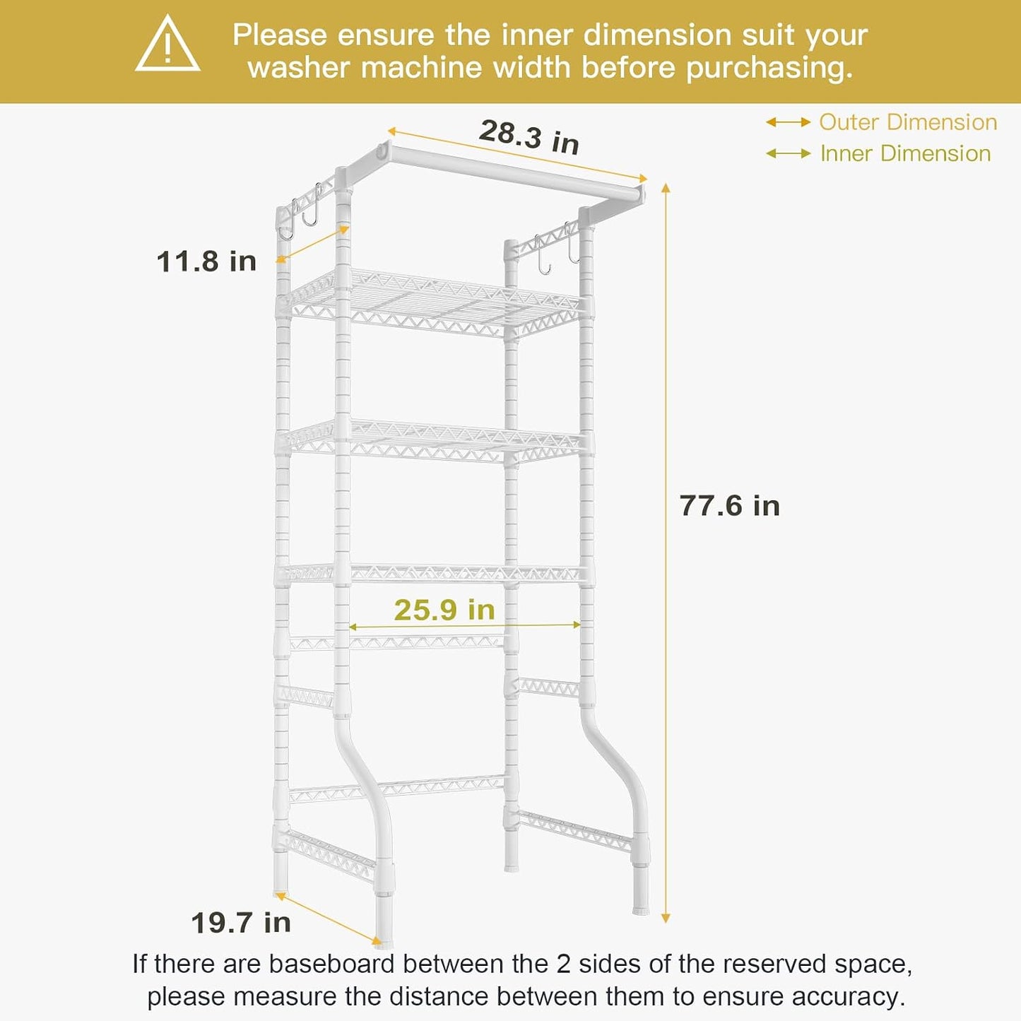 U11 Over Washer and Dryer Shelves, 3 Tiers Laundry Room Storage and Organizer Standing Shelf, Metal Freestanding Clothes Drying Rack, 33.9" W x 19.7" D x 77.6" H, Black