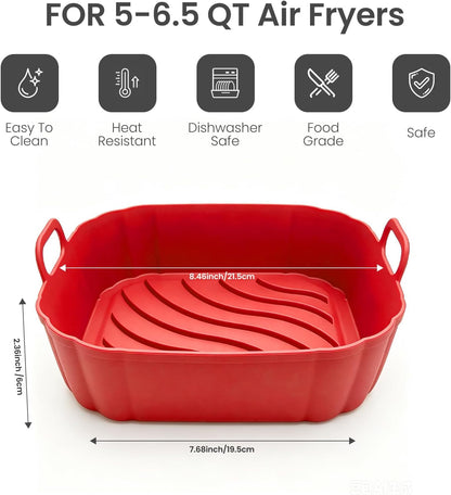 Redfly 2 Pack Silicone Air Fryer Liners,Square Reusable to 8.5in Air Fryer | Compatible with Ninja AF141 181、COSORI 5-6.5 QT Non-Stick Basket Inserts,Silicone Mat Bowl Air Fryer Accessories Kitchen