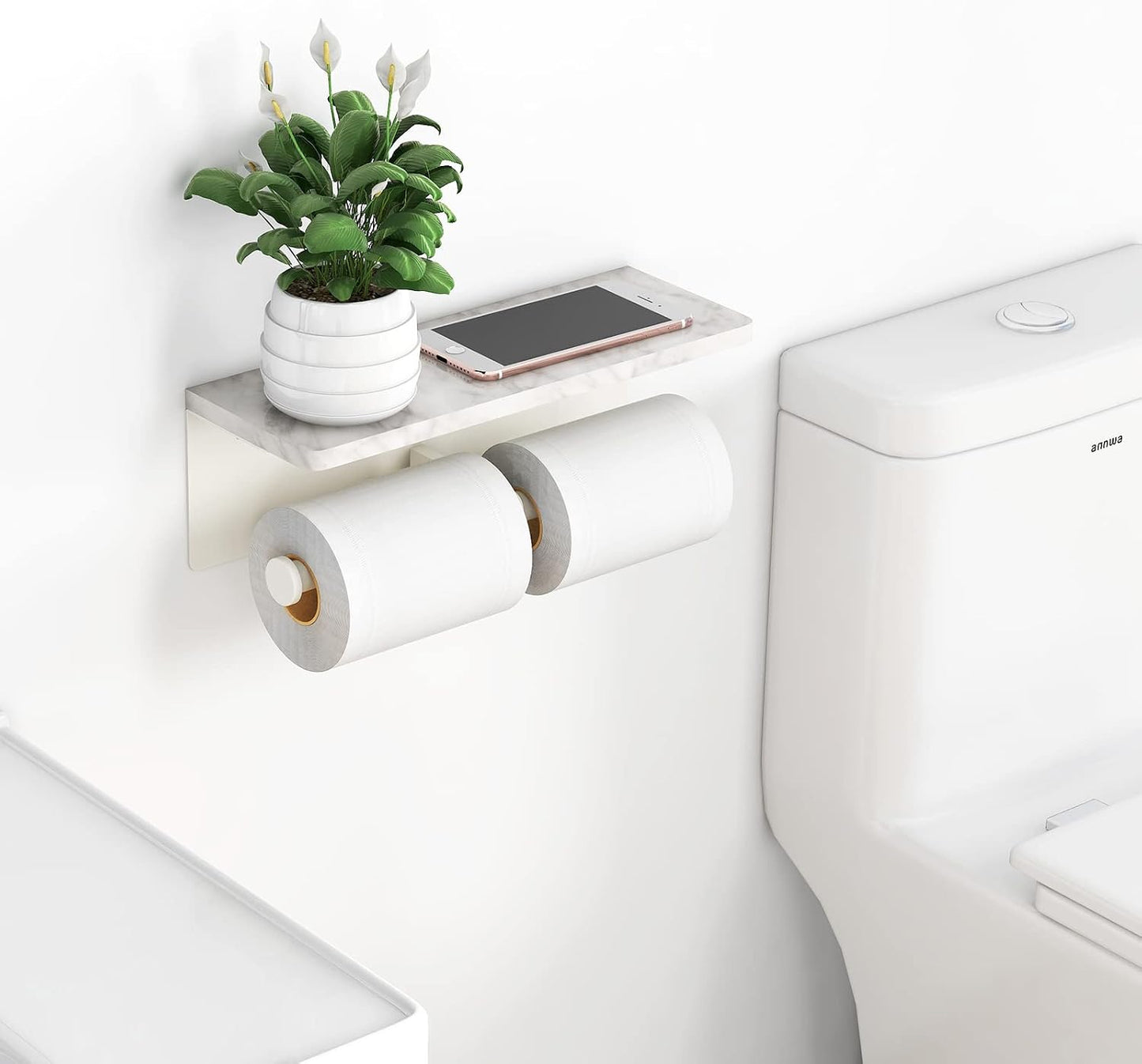Gypie Marble Toilet Paper Holder with Shelf, Wall Mounted Matte Black | Stainless Steel Tissue Roll Paper Holder Dispenser for Bathroom Washroom