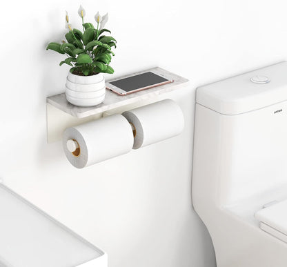 Gypie Marble Toilet Paper Holder with Shelf, Wall Mounted Matte Black | Stainless Steel Tissue Roll Paper Holder Dispenser for Bathroom Washroom