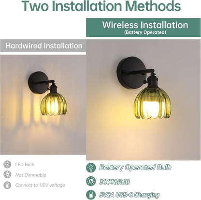 Shenmoyl Vintage Battery Operated Wall Sconce with Green Tulip Glass Lampshade Rechargeable Battery Powered Wall Light with Remote Control for Bedside Bedroom Doorway