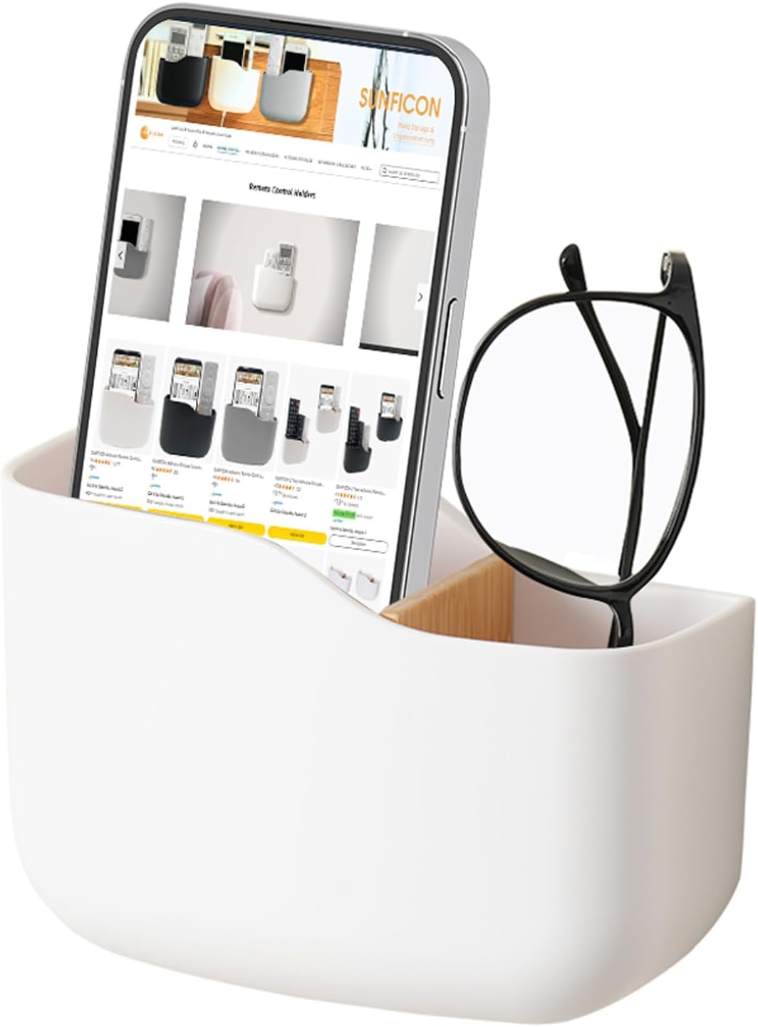 SUNFICON Adhesive Remote Control Holder Wall Mount Media Player Controller Holder Universal TV Remote Organizer Caddy Box Tray Easy Phone Charging Home Office Desk Nightstand White