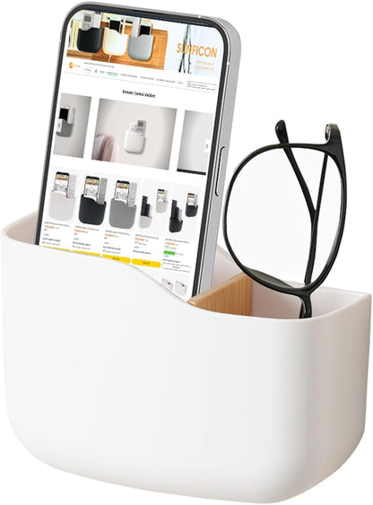 SUNFICON Adhesive Remote Control Holder Wall Mount Media Player Controller Holder Universal TV Remote Organizer Caddy Box Tray Easy Phone Charging Home Office Desk Nightstand White