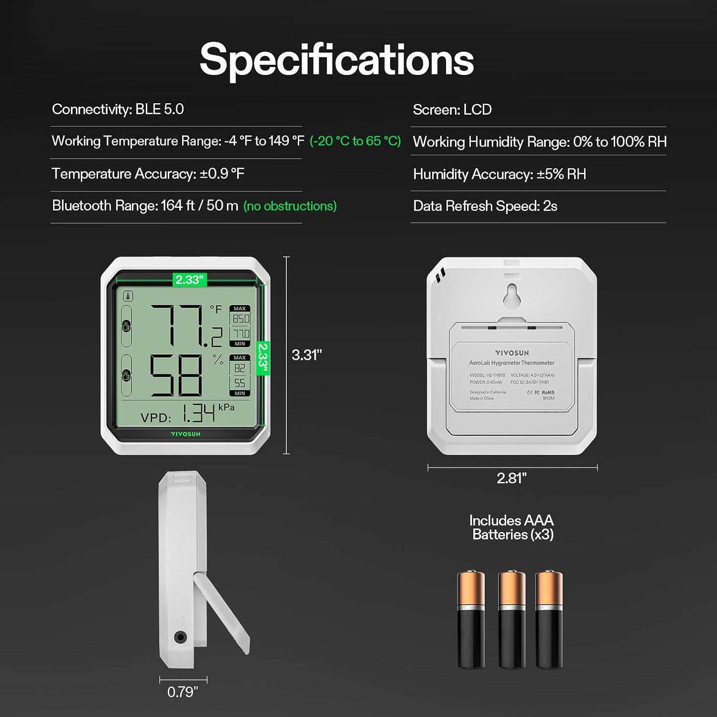 VIVOSUN Digital Hygrometer Thermometer, Humidity Meter with Probe, App | Wireless Bluetooth, Indoor, VPD, Data Storage, Dual Channels with Sensor Probe, Battery Included